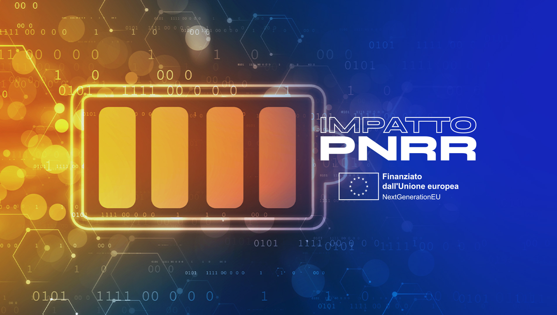 Elaborazione grafica con una immagine di una batteria e grafica PNRR sovrapposta