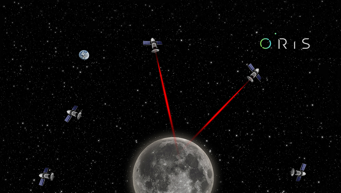 Immagine dimostrativa del progetto ORiS con satelliti intorno alla Luna
