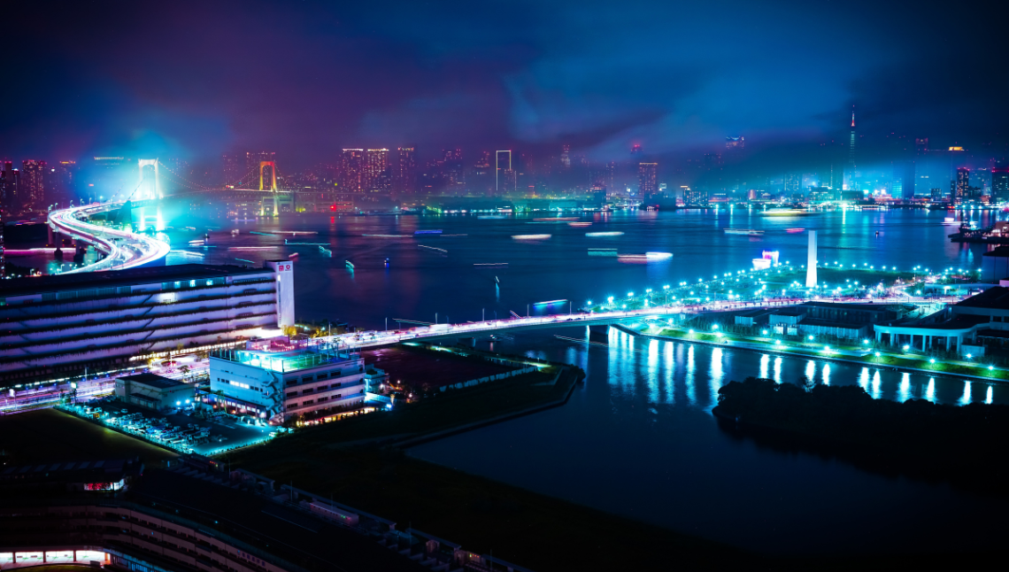 Vista notturna dall'alto di un porto con edifici illuminati e navi
