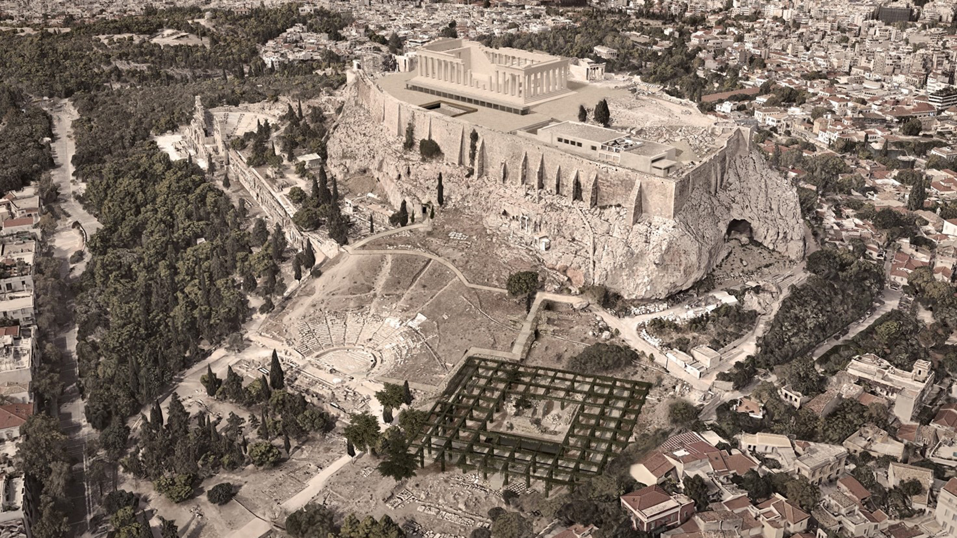 Elaborazione grafica del progetto vincitore con vista dall'alto dell'acropoli di Atene