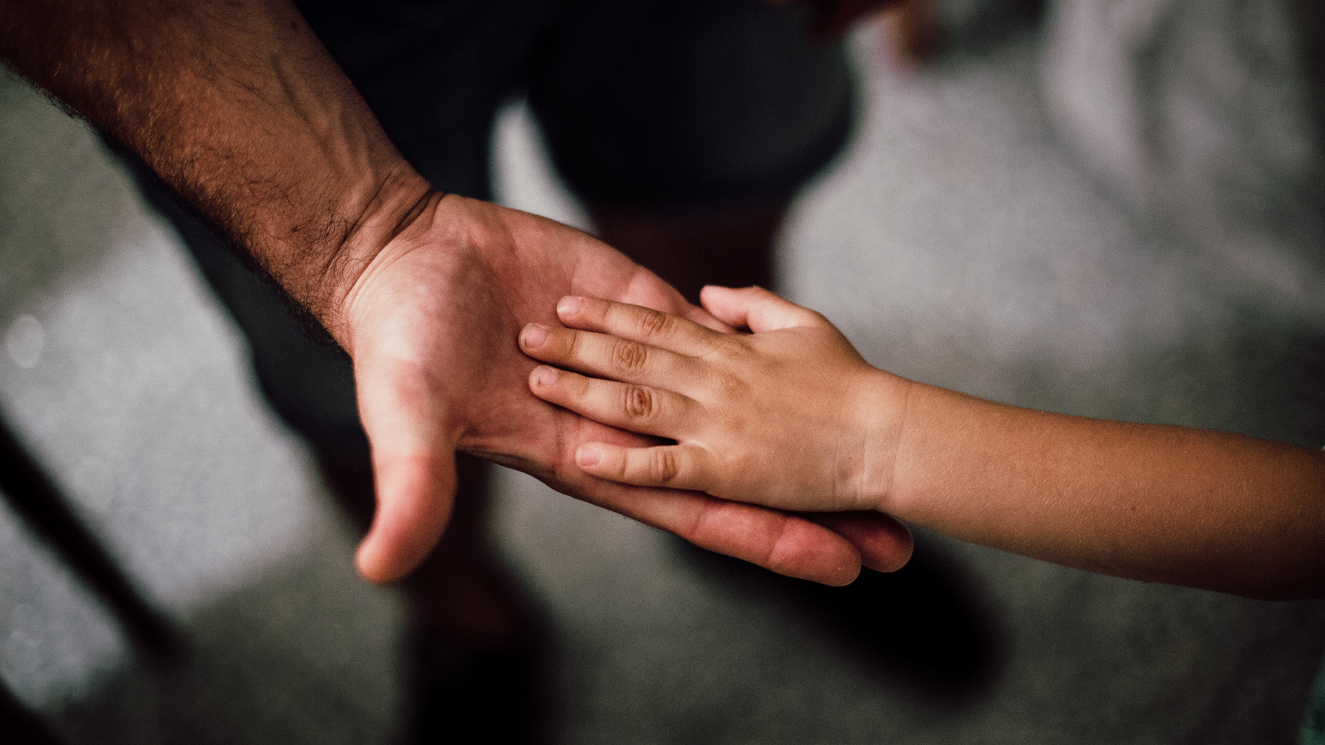 Foto di una mano di una persona adulta che porta sul palmo la mano di un bambino