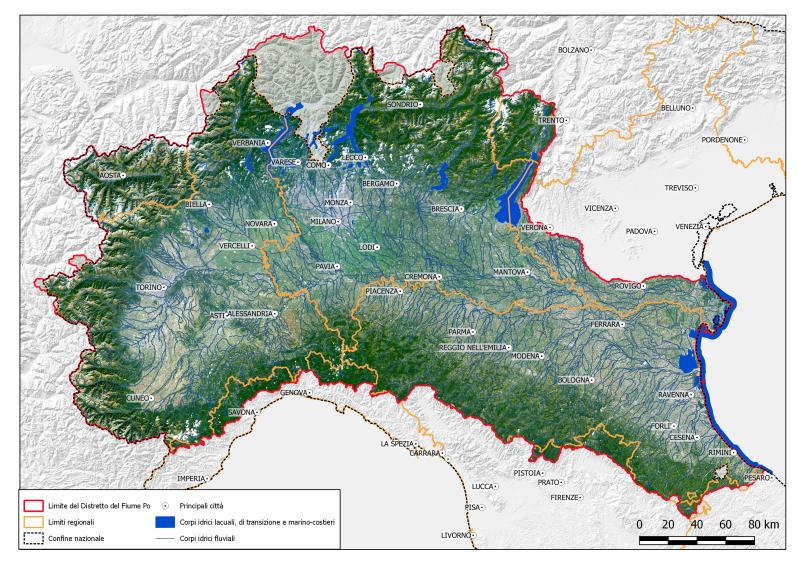 Carta del bacino del Po con territori indicazioni geografiche
