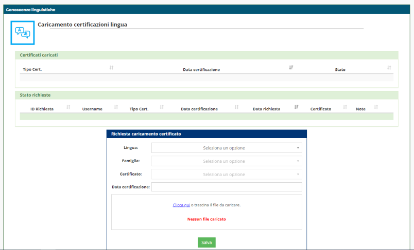 caricamento certificazioni lingua candidatura Magistrale