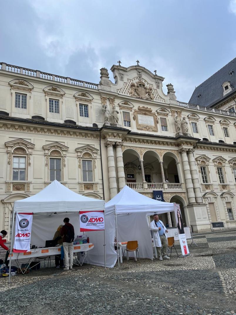 I gazebo informativi dell'associazione ADMO nel cortile del Castello del Valentino