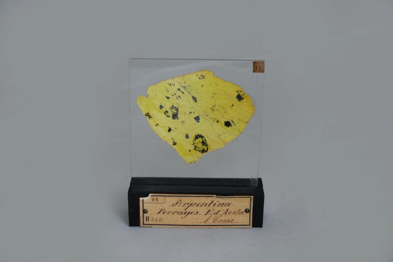 Sezione sottile di Serpentina Verrayes colore giallo con puntini neri