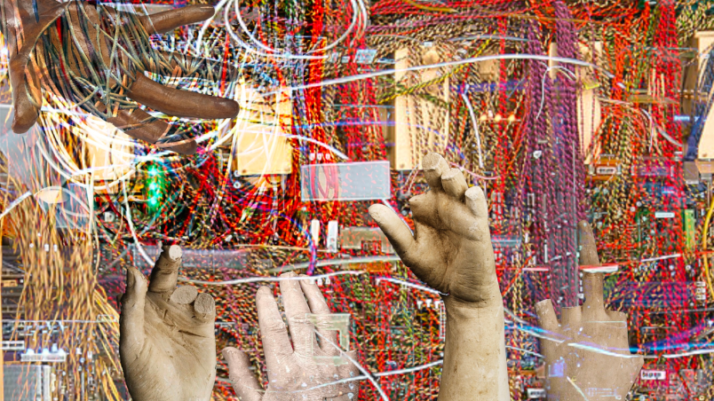 The image depicts a series of stone-like hands, fractured and cracked, reaching out in various directions from a chaotic mass of tangled wires. Some hands display broken fingers, while archival tags on others suggest anonymity and erasure. The juxtaposition of human forms and technological wires evokes themes of labor, exploitation, and the often unseen physical work behind the tech industry.
