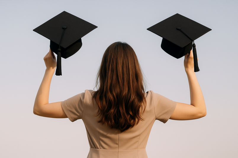 Studentessa con due cappelli di laurea