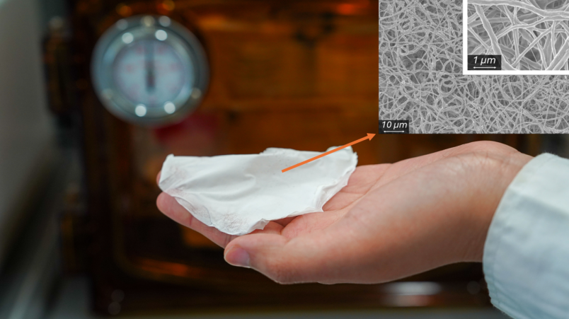 Membrana elettrofilata con foto al microscopio elettronico delle nanofibre che la compongono.png