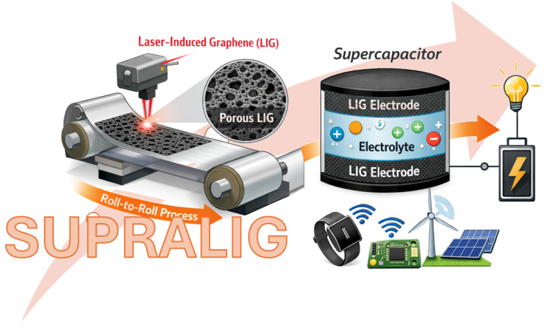 Schema del progetto SUPRALIG: il grafene indotto da laser viene impiegato per realizzare nuovi collettori di corrente destinati a supercondensatori più leggeri, efficienti e sostenibili