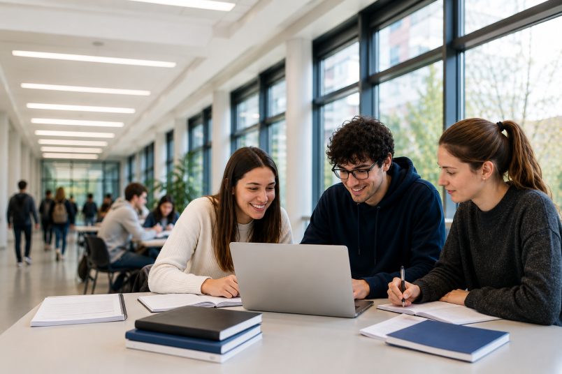 Studenti universitari consultano un computer portatile e materiale di studio in uno spazio comune dell’università, simbolo di accesso a informazioni, servizi e documentazione accademica.