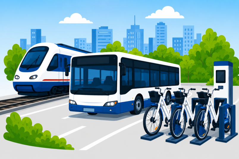immagine rappresentativa di treno, bus e bike sharing