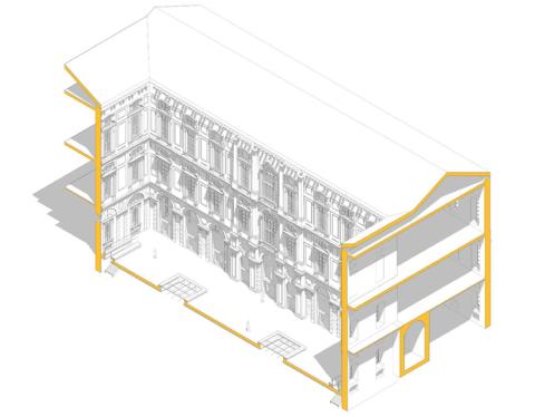 Spaccato assonometrico della corte interna