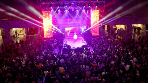 Spettacolo sul palco al Pala Alpitour con luci e molto pubblico