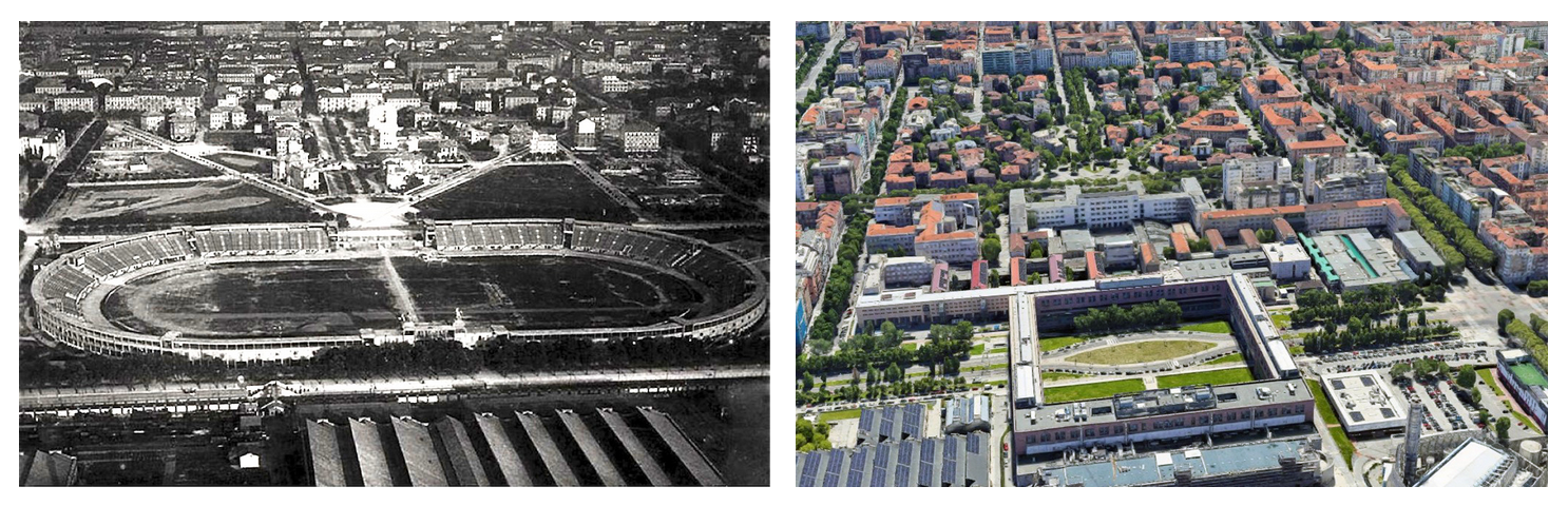 Una foto storica e una attuale dell'area dove sorge la sede centrale di Ateneo