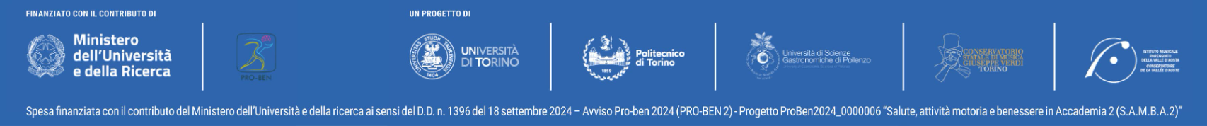 Finanziato con il contributo di Ministero dell'Università e della Ricerca. Loghi enti partners del progetto SAMBA: Università di Torino, Politecnico di Torino, Università di scienze gastronomiche di Pollenzo, Conservatorio statale di musica Giuseppe Verdi Torino, Istituto musicale pareggiato della Valle d'Aosta  